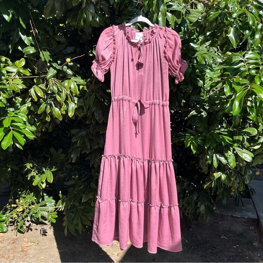 MISA LOS ANGELES pink‎ purple viscose tiered ruffle puff short sleeve maxi dress